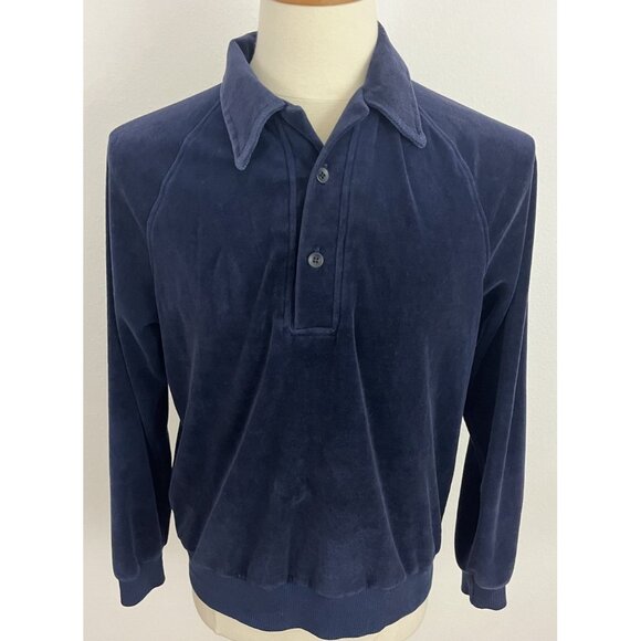 Vintage Sears Sportswear Men's L Blue Velour Pullover Top Collar Button - Picture 2 of 6